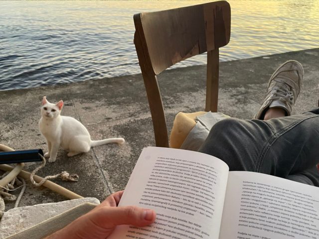 reading book by the beach